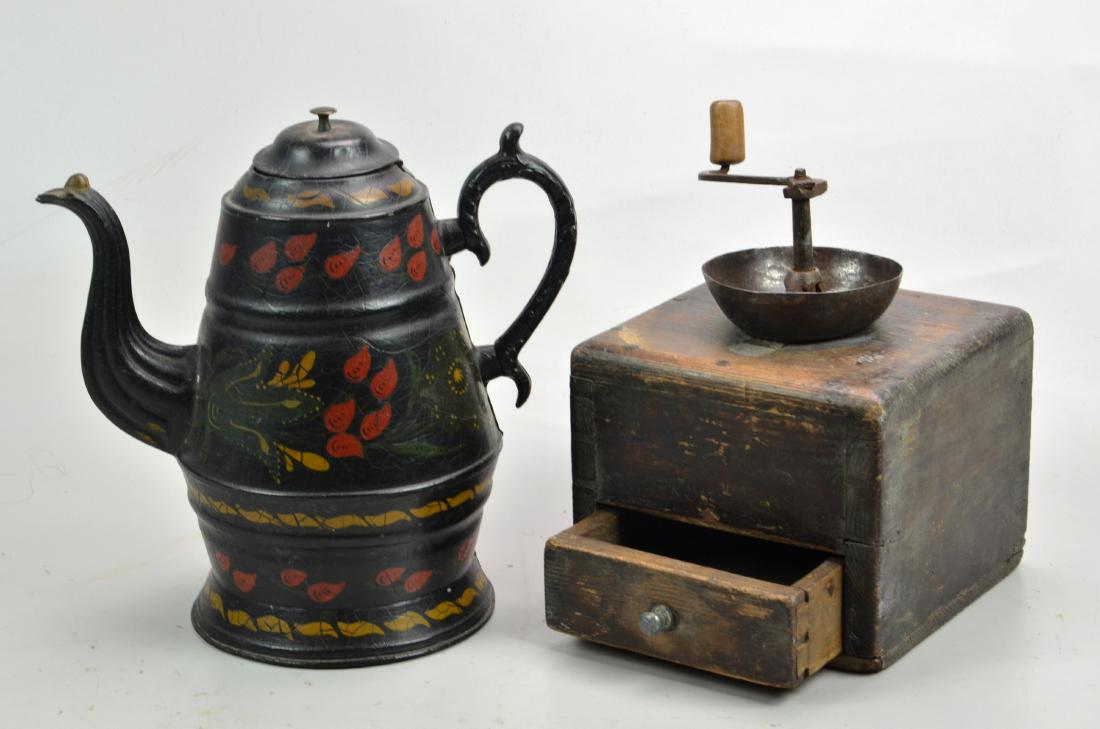Coffee Grinder and Toleware Coffee Pot: (1) Coffee Grinder with Dovetail Construction, (1) Hand Painted Toleware Coffee Pot