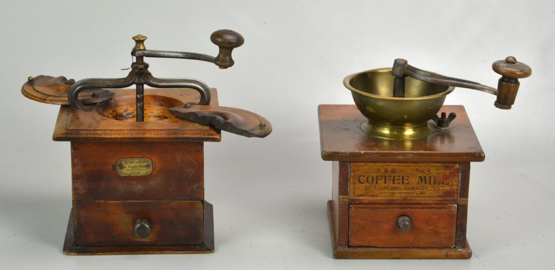 (2) Table Top Coffee Mills: (2) Table top coffee Mills, c/o "S&B No 4 Coffee Mill, Lewisberry York Co PA, Patented November 1 1881", 6-1/4" x 6-1/2" x 9-1/4" h, "Peugeot Freres Be Valentigney Brevetes SGDG", 7" x 7" x 10" h