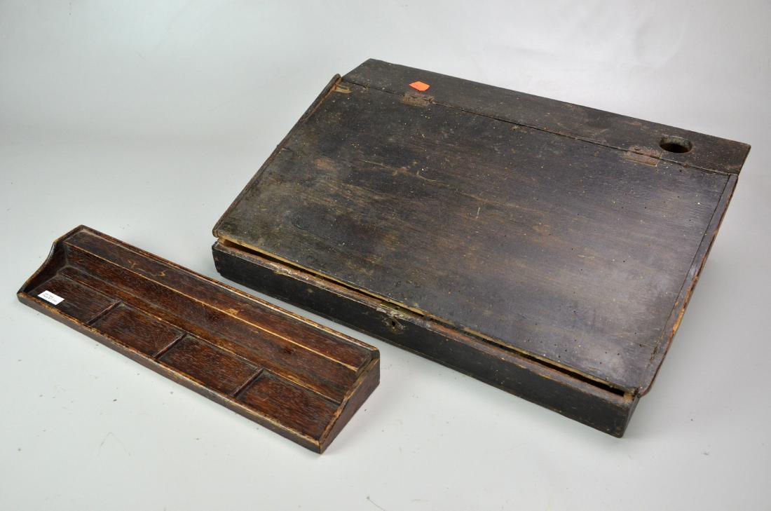 General Store Counter Lap Desk: General Store Counter Lap Desk (19-3/4" l x 13-1/2" w x 6-1/4" h), (Piece of Molding Needs to Be Reattached), and piece of an old desk, 16-1/2" w x 4-1/8" d x 2" h