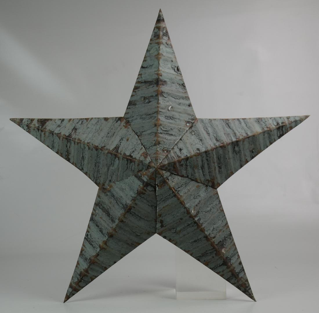 Amish Painted Tin Barn Star: Amish painted tin barn star, 25" dia, hole in tin, some paint wear and rust