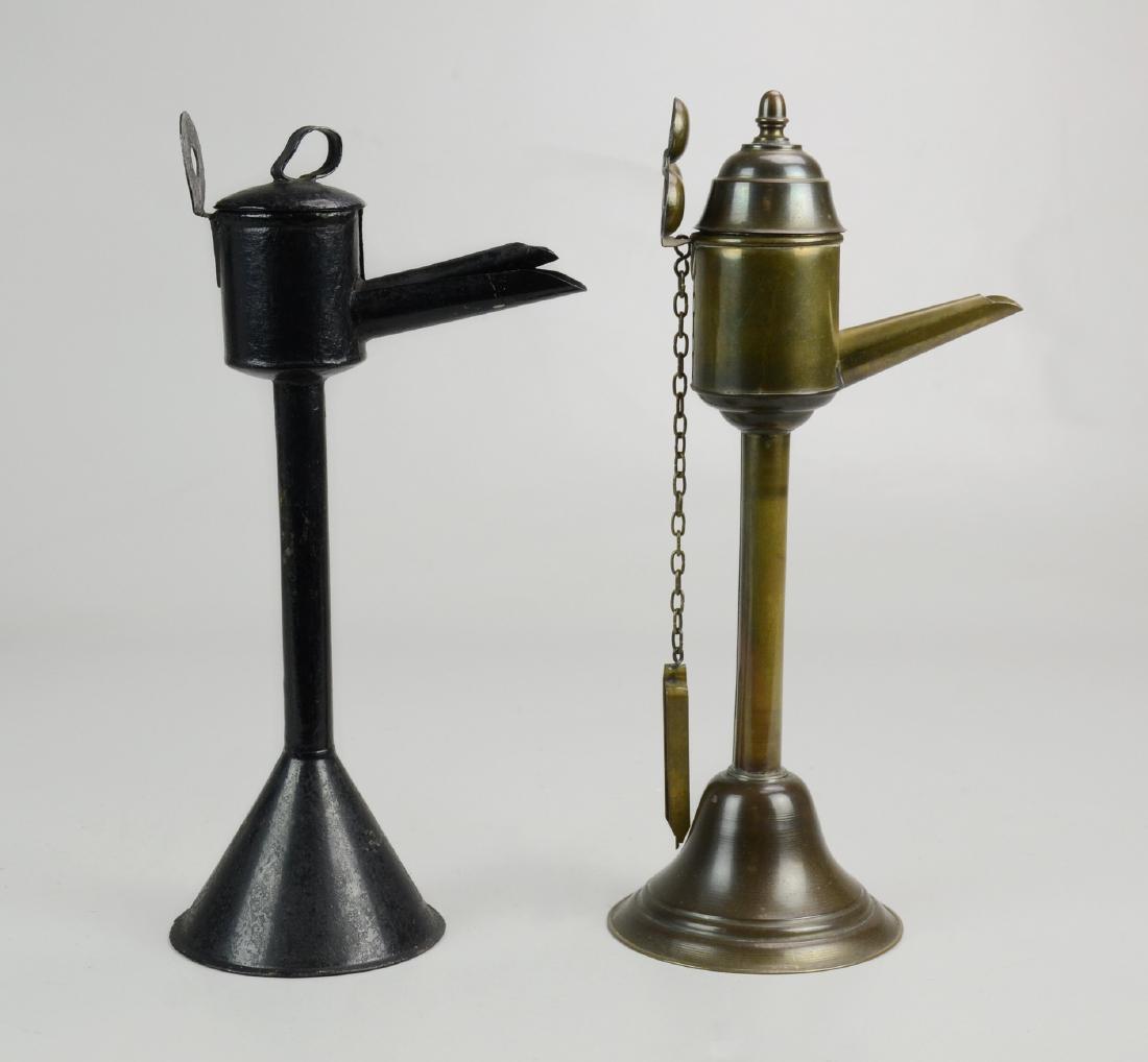 (2) Snotneus Whale Oil Lamps: (2) Snotneus whale oil lamps, c/o Brass Dutch clover wall hanger, and black painted metal, 19th C, 12-1/2" h
