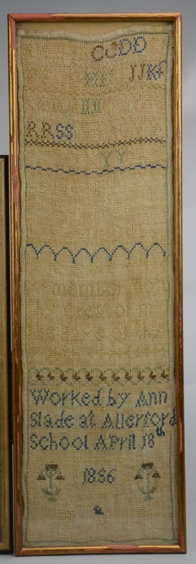 1856 Cross Stitch Sampler: 19th C cross stitch sampler, alphabet and verse (unable to read), "worked by Ann Slade at Allerford School April 18th 1856", 22-1/2" x 7-1/4" overall