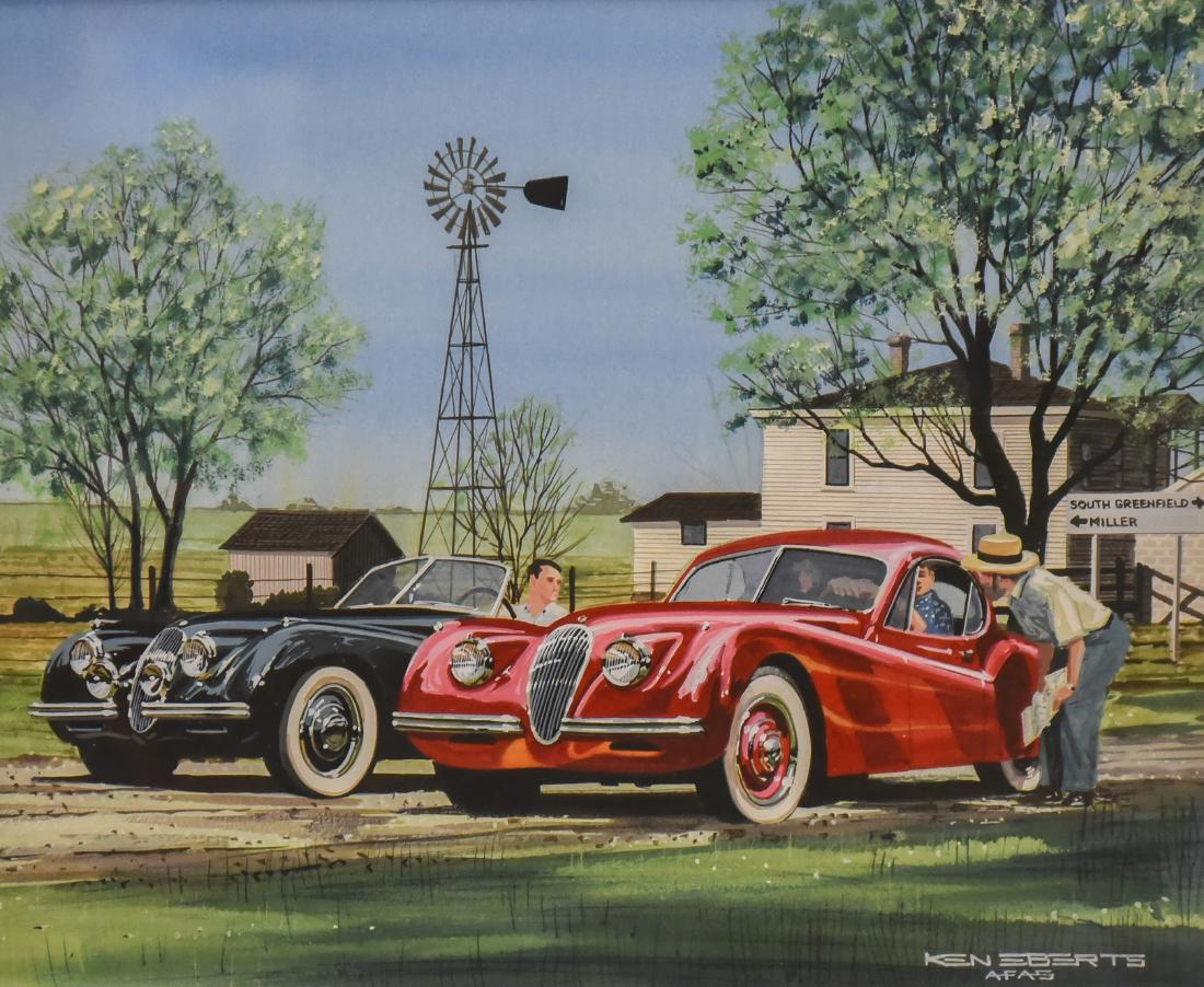 Eberts, Ken, gouache "North 3 Miles, Then West to the: Eberts, Ken (American, b 1943), gouache "North 3 Miles, Then West to the Blacktop", 7.75" x 9.5" sight, framed 20.5" x 22.75" W991