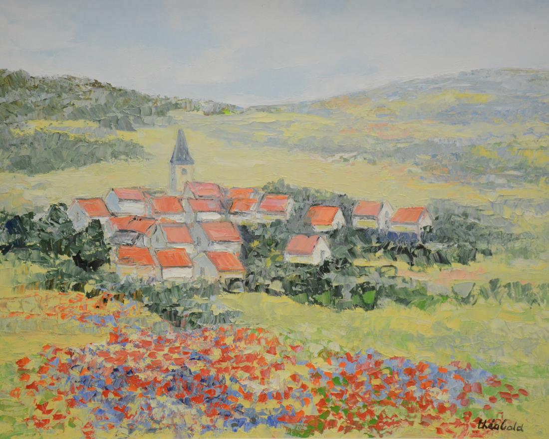 Theobald, Renee, oil on canvas "Village Rosa Dans La: Theobald, Renee (French, 1926-2014), oil on canvas "Village Rosa Dans La Campagne", Image 25" x 31", framed 34" x 39", o165