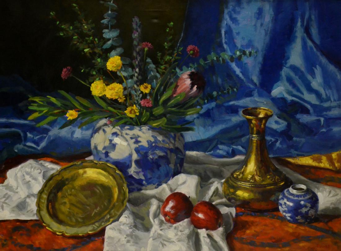 Hull, Gregory, oil on canvas "Blue Silk and Apples" (1 of 3)