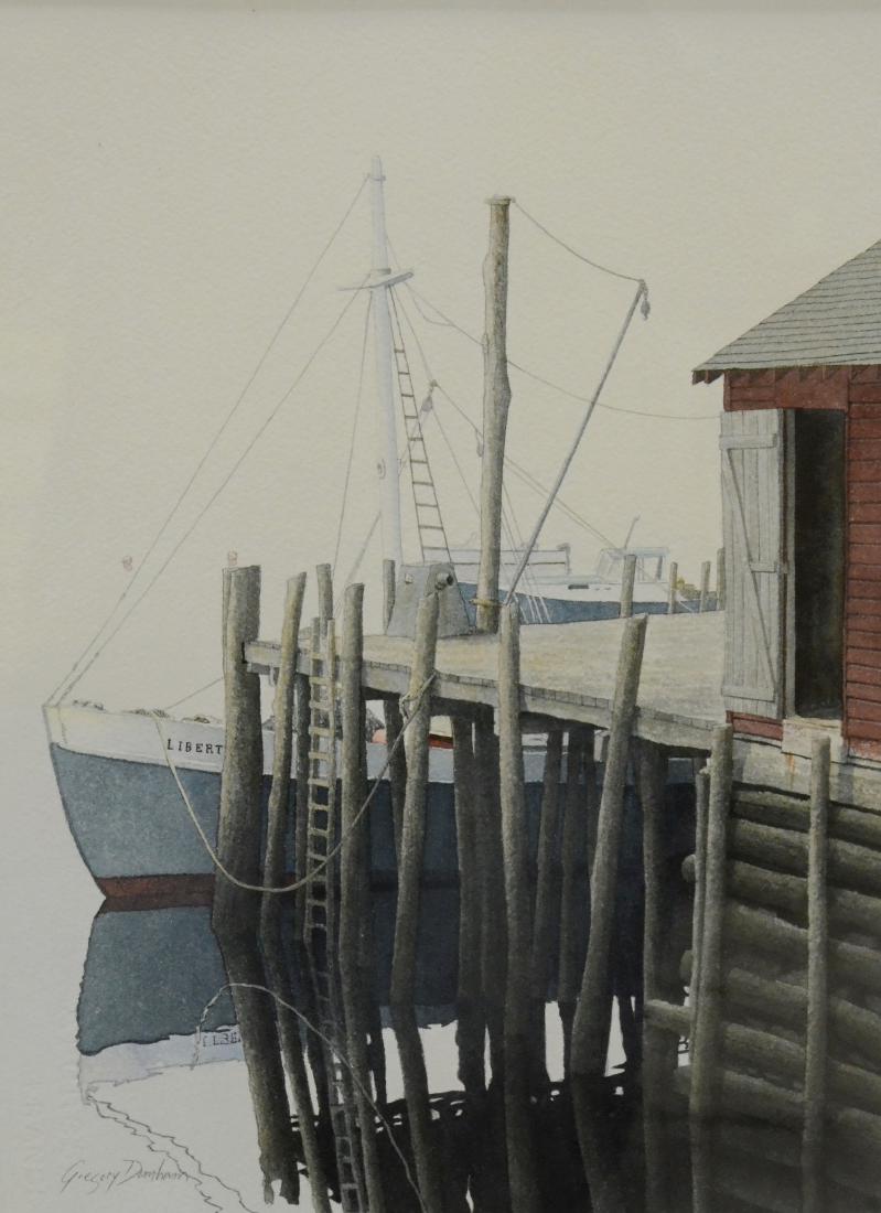 Dunham, Gregory, watercolor "Fog, Tennents Harbor": Dunham, Gregory (American, b 1946), watercolor "Fog, Tennents Harbor", 14.75" x 10.75", framed 23.5" x 19.25" W2817