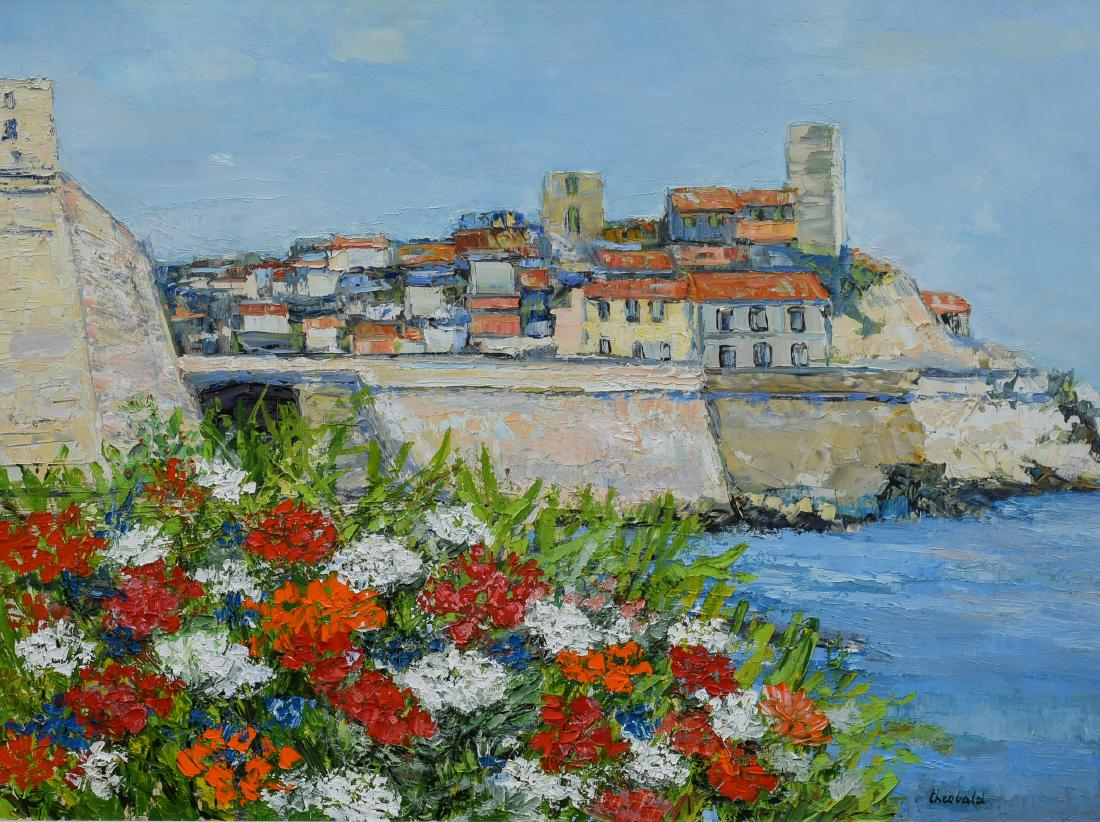 Theobald, Renee, oil on canvas "La Vielle Ville: Theobald, Renee (French, 1926-2014), oil on canvas "La Vielle Ville d'Antibes", 1997, 38.25" x 51.25", framed 47.25" x 60.25" O4166