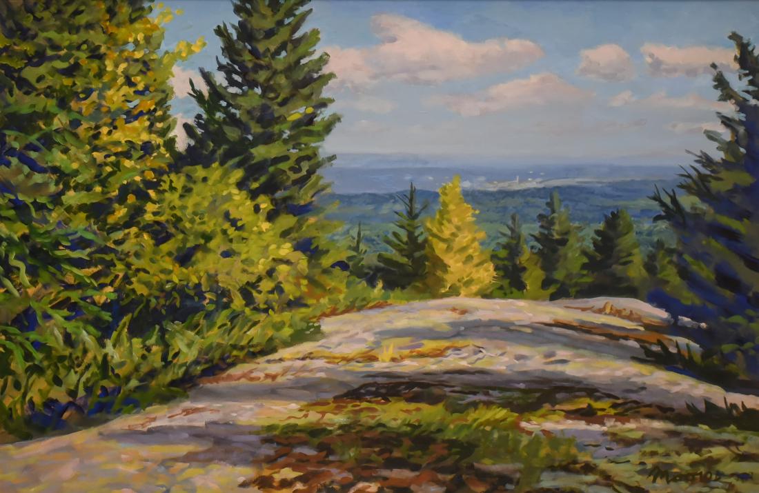 Moore, Scott, oil on canvas "View of Bucksport": Moore, Scott (American, b 1953), oil on canvas "View of Bucksport", 40" x 60", framed 48.25" x 68.25" O442