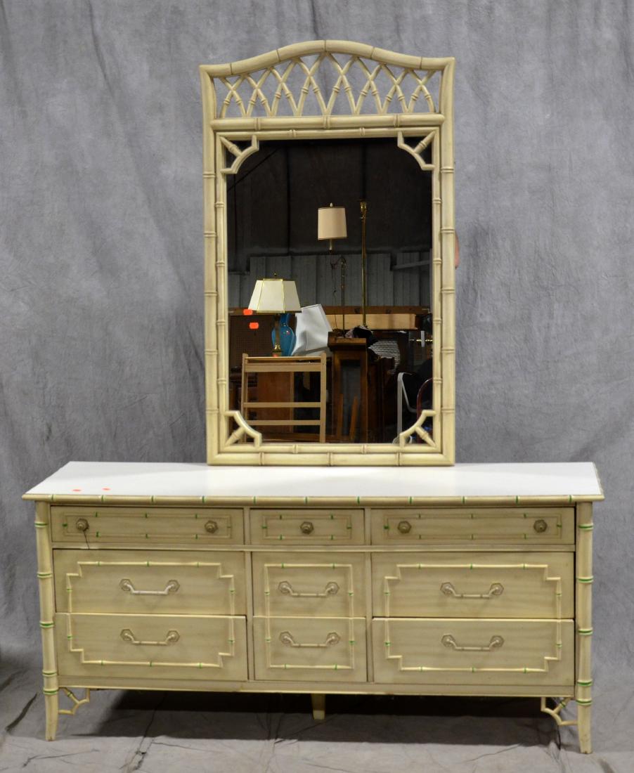 Thomasville Faux bamboo triple dresser w/ mirror: Thomasville Faux bamboo triple dresser w/ mirror, green highlights, 30"h x 66"w x 20"d, mirror 31"w x 52"h