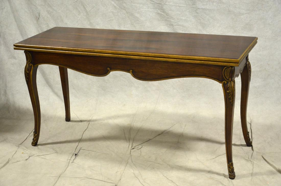 Tomlinson Rosewood Louis XV style flip top: Tomlinson Rosewood Louis XV style flip top console/dining table, rosewood flip top with gilt edge, acanthus leaf decoration on knees with gilt highlights, bottom walnut veneer, 31"h x 61"w x 20"d