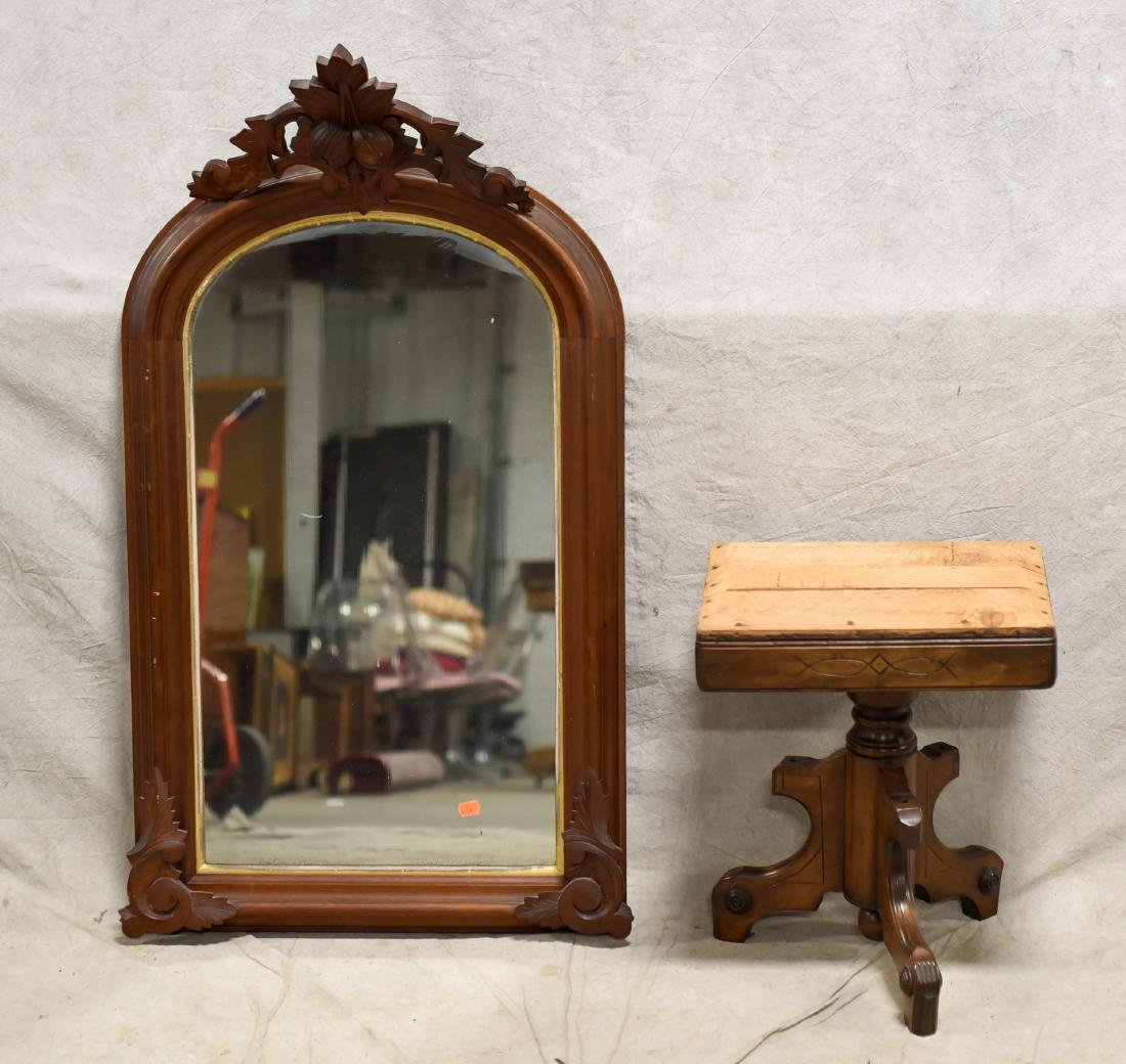 Walnut wall mirror w/ carved crest, walnut Victorian: Walnut wall mirror w/ carved crest, 47"h, along with a walnut Victorian organ stool, lacking upholstery
