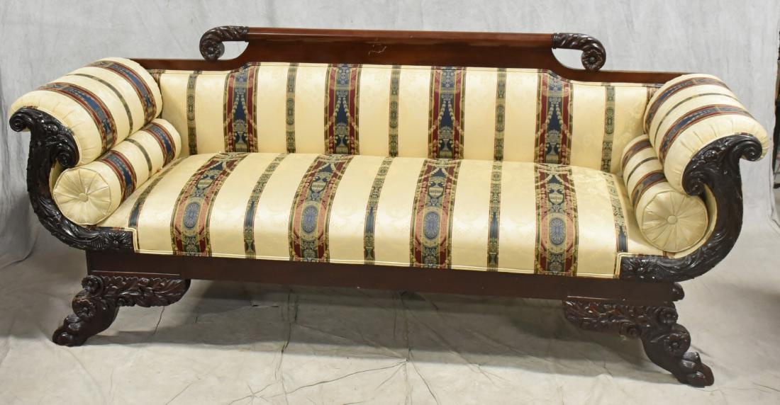 Empire style mahogany settee: Empire style mahogany settee, scrolled back with acanthus leaf decoration, acanthus leaf decoration on arm fronts and fruit, striped upholstery with urn decoration, acanthus leaf decoration over claw 