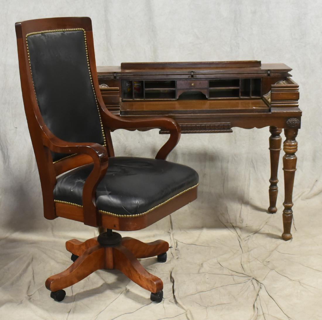 Walnut spinet desk w/ black leather swivel desk chair: Walnut spinet desk w/ black leather Executive swivel desk chair, desk 33"h x 34-1/4"w