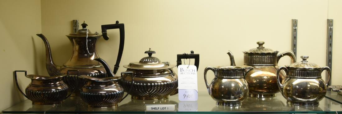 Shelf #1 - (2) Silver Plate Tea Sets: Shelf #1 - (2) Silver plate tea sets, c/o 4-pc Sheffield half-reeded, 3-pc with teapot marked "John Garrow Phila PA", sugar & creamer marked "Pairpoint 313"