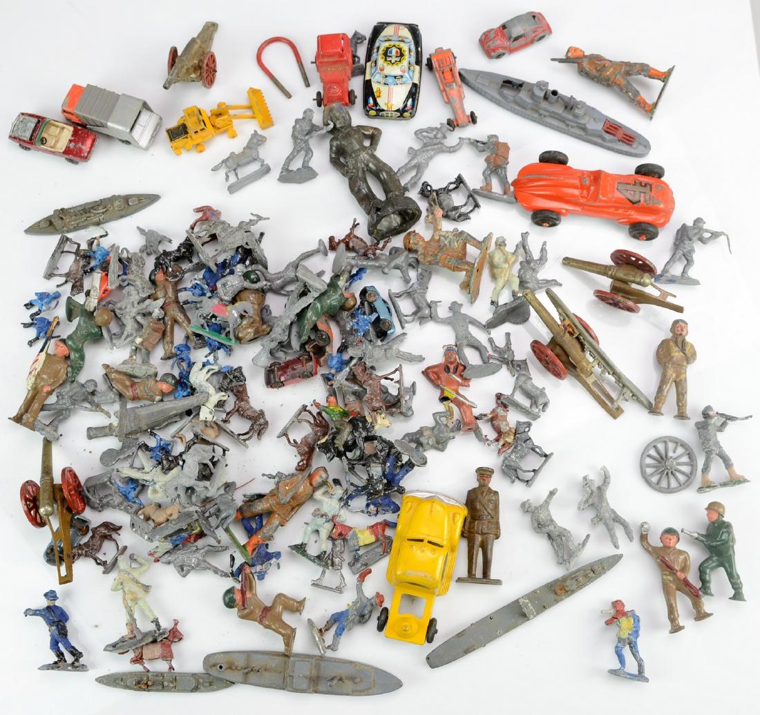 Shelf #3 - Lot of Metal Toys: Shelf #3 - Lot of Lead Soldiers, Cars Including Lesney and Tootsie and Toys