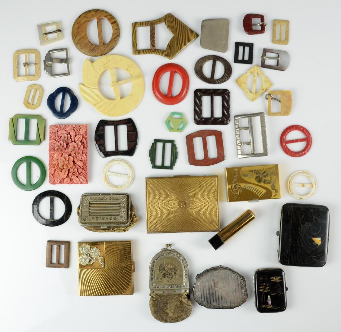 Shelf #9 - Compacts, Purses, Belt Buckles: Shelf #9 - 1893 Chicago's World's Fair Change Purse (Wear to Purse), 1893 Columbian Exposition Chicago Coin Purse, Volupte Compact, Elgin Compact, Belt Buckles