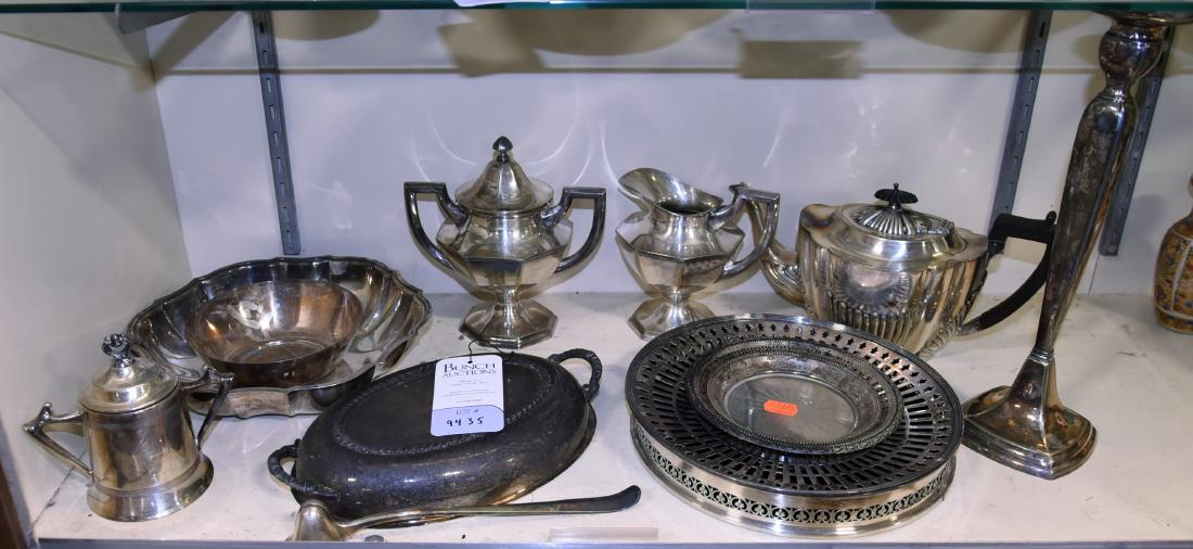 Shelf #35 - Lot of Silver Plate: Shelf #35 - Lot of Silver Plate Including Chippendale Bowl, Gorham Bowl, Sugar and Creamer, Forbes Candlestick