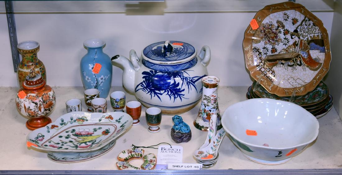 Shelf #40 - Asian Porcelain Lot: Shelf #40 - Asian porcelain lot including Kutani, rice bowls, Famille Rose, egg cups, teapot (as is)