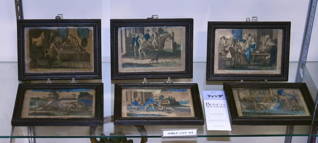 Shelf #44 - (6) Prodigal Son Caricature Prints: Shelf #44 - (6) English caricature prints, published by J Evans, London, England, c/o "The Prodigal Son receiving his Patrimony", "The Prodigal Son taking leave of his Father", "The Prodigal Son in Ex