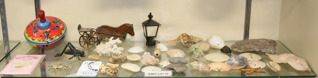Shelf #47 - Toys, Seashells: Shelf #47 - Toys Including Space Man Rocket Spinning Top, Horse Pulling Wagon, Brass Grasshopper, Cabbage Patch Kids Birth Certificate, Seashells