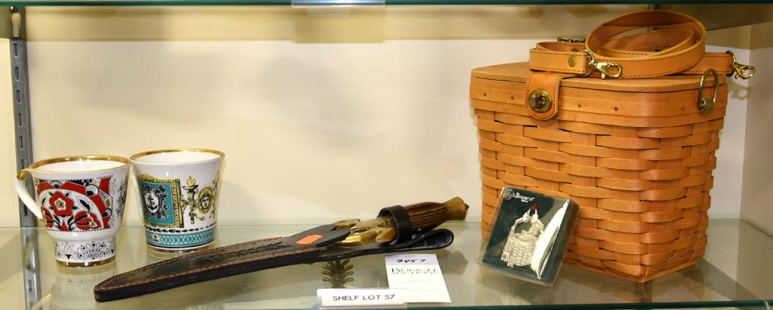 Shelf #57 - Longaberger Purse, Knife, USSR Mugs: Shelf #57 - 1997 Longaberger basket purse, Longaberger 1994 pewter Jingle Bell Christmas ornament, Coyote Cutlery knife with leather sheath, (2) Lomonosov porcelain mugs, made in USSR