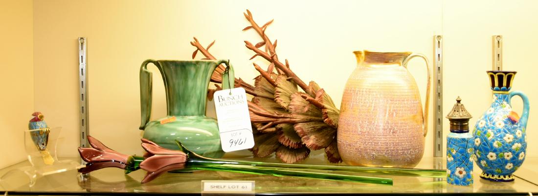 Shelf #61 - Pottery, Glass, Enamel: Shelf #61 - Stangl Antique Gold pitcher, Stangl Terra Rose double handled vase #3103, Longwy enameled pottery ewer & incense burner, (2) long stem glass flowers with plastic foliage, cloisonne bird fi