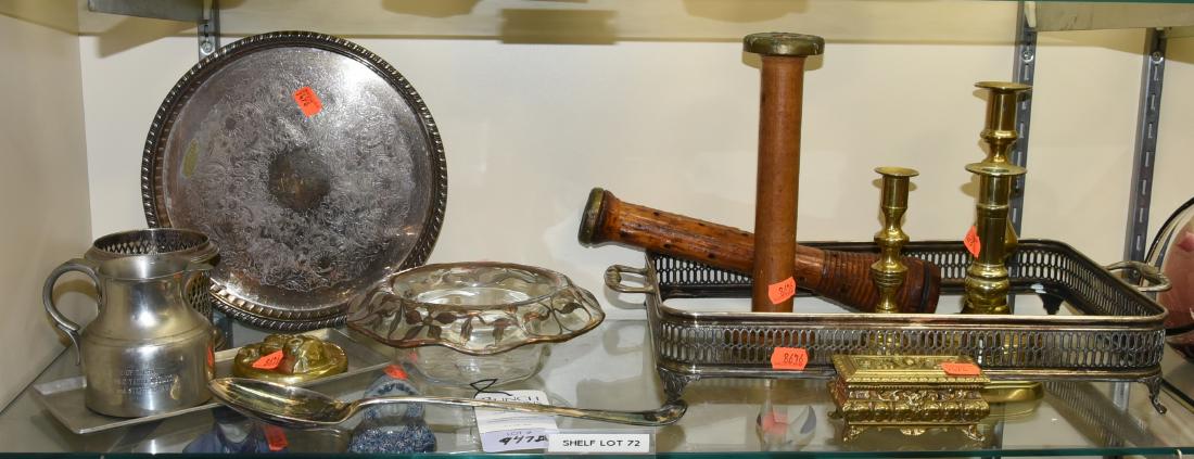 Shelf #72 - Silver Plate, Brass, Pewter, Wood: Shelf #72 - (3) Brass push-up candlesticks, stamp box, paperweight, silver plate casserole frame, galleried tray, stuffing spoon, silver overlay bowl, pewter cream pitcher, tray, wood weaving spool sp