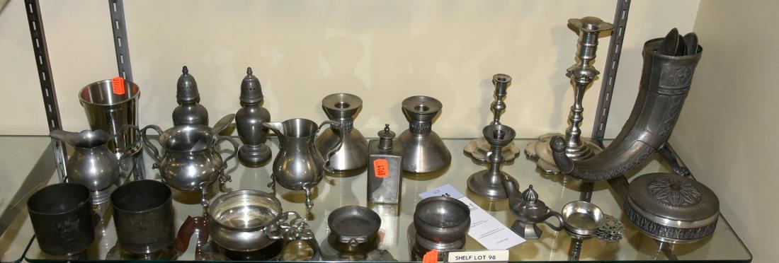 Shelf #98 - Pewter Items: Shelf #98 - Pewter Items Including Candlesticks, Cups, Creamers from Steiff, Graver, Salisbury
