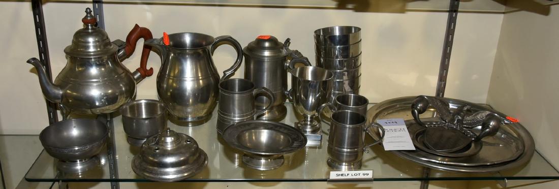 Shelf #99 - Pewter Items: Shelf #99 - Pewter Items Including tankards, teapot, Plates, Pitchers from Steiff, Graver, Woodbury