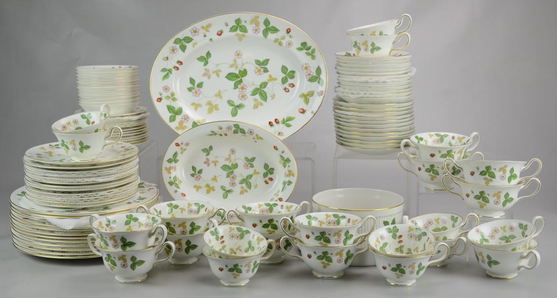 (102) Pcs Wedgwood Wild Strawberry: (102) Pcs Wedgwood dinnerware, Wild Strawberry pattern, c/o 12 dinner plates, 12 salad plates, 12 B&B plates, 12 fruit bowls, 12 cream soup bowls, 12 cream soup saucers, 12 teacups, 12 saucers, 2 oval