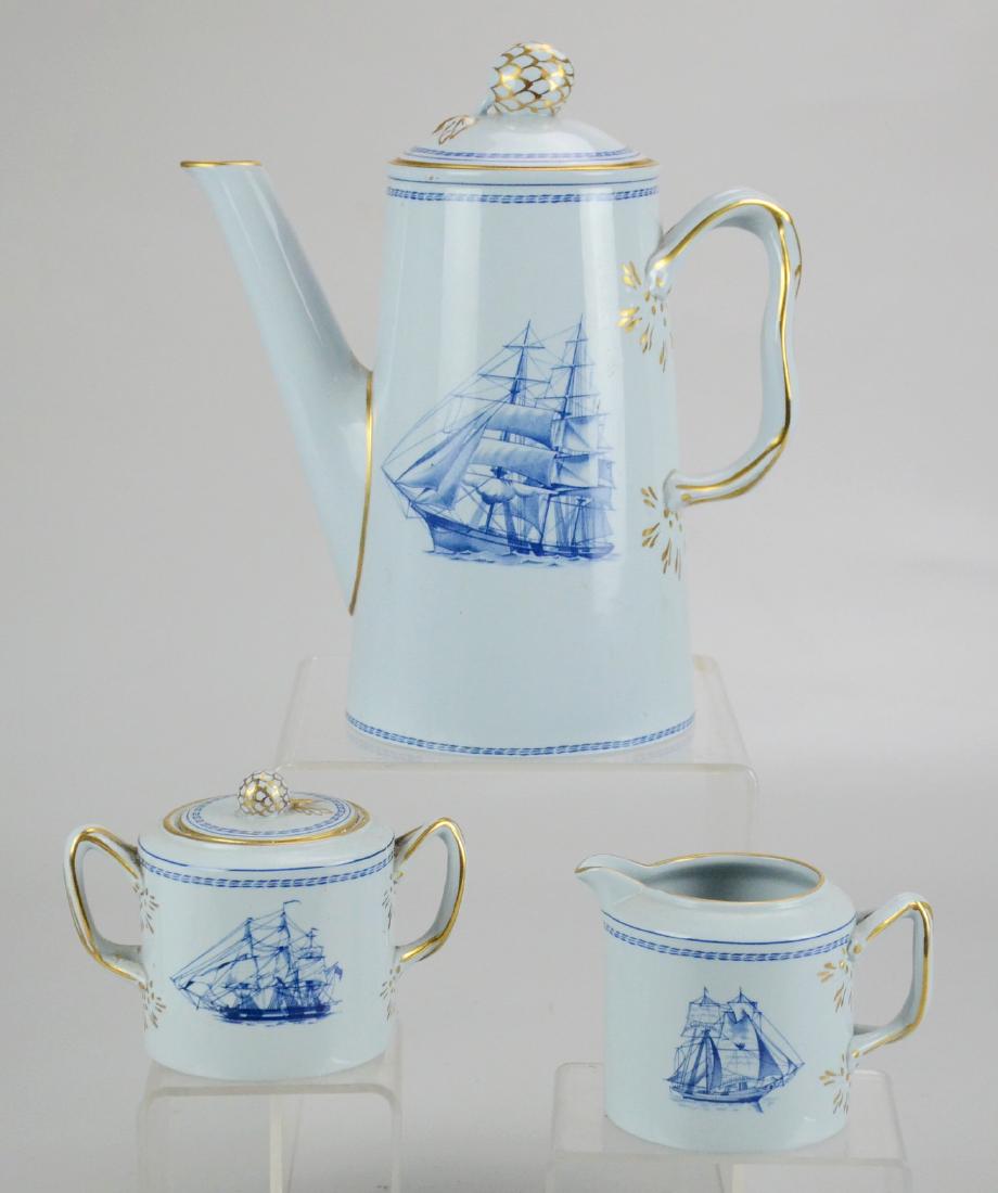 Spode Trade Winds Coffee Set: Spode Trade Winds porcelain coffee pot, sugar & creamer, blue with gold trim, pot 8-1/2" h