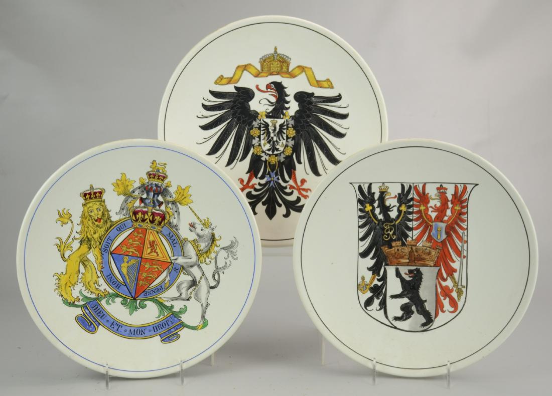 (3) Dresden Pottery Coat of Arms Chargers: (3) Pottery hand painted coat of arms chargers, marked on back "Dresden", c/o England, Berlin (chip to foot), Deutschland (chip to back rim, 12" dia
