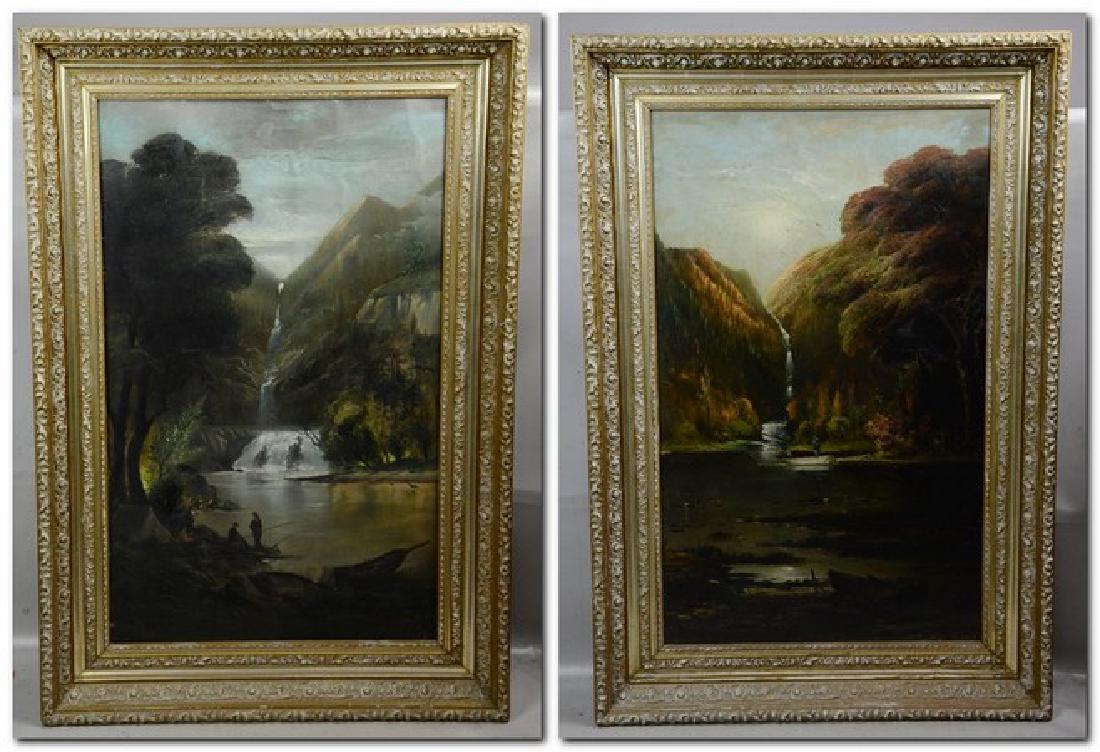 Pr 19th C. Hudson River School Landscapes w/Waterfalls: Pr 19th C. Hudson River School landscapes with waterfalls, oil on canvas, no visible signatures, each 36" X 22", framed 44" x 30", paintings in poor condition, loosely mounted on board, damages and in