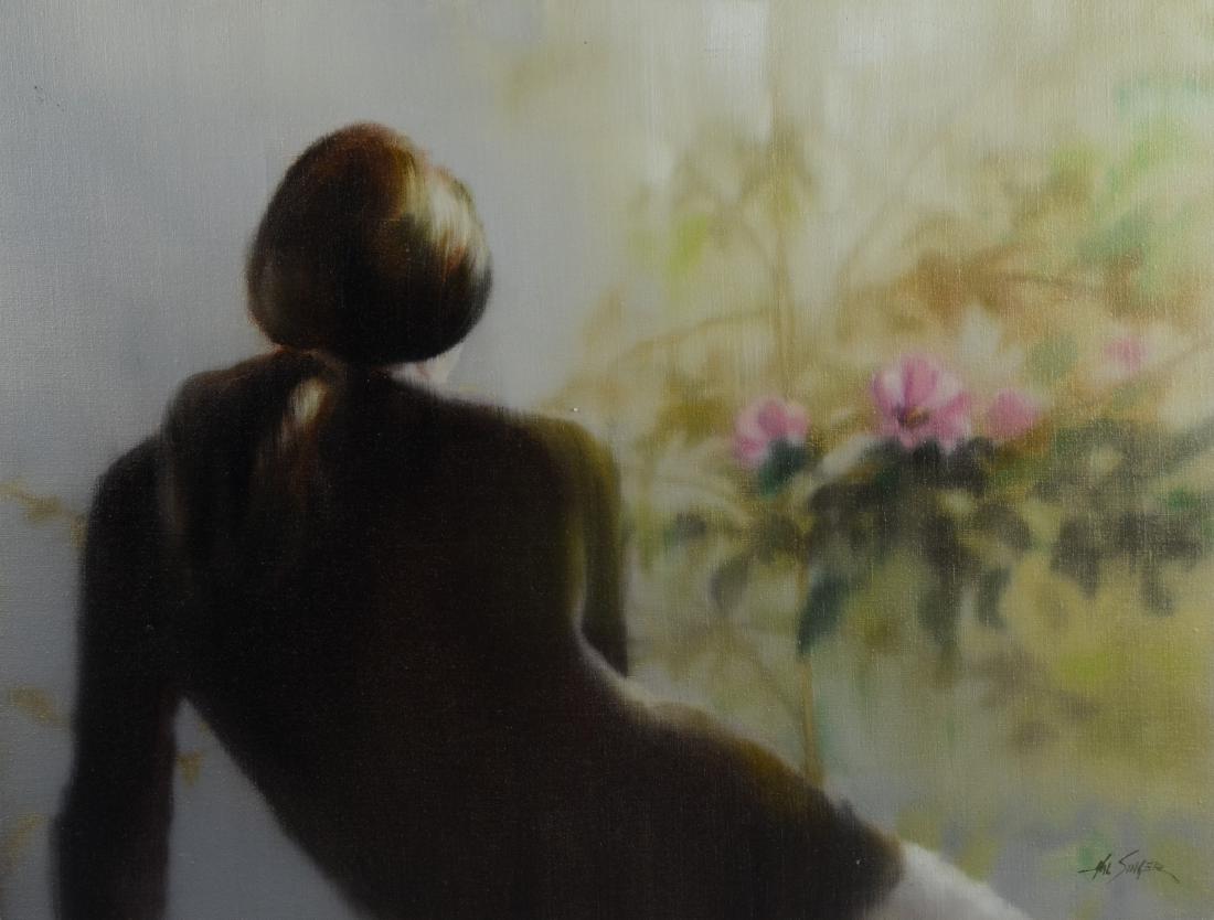 Hal Singer Painting of a Young Girl: Hal Singer, 20th C American, painting of a young girl, oil on canvas, signed lower right, 20" x 26", framed 21-1/2" x 27-1/2", very good condition