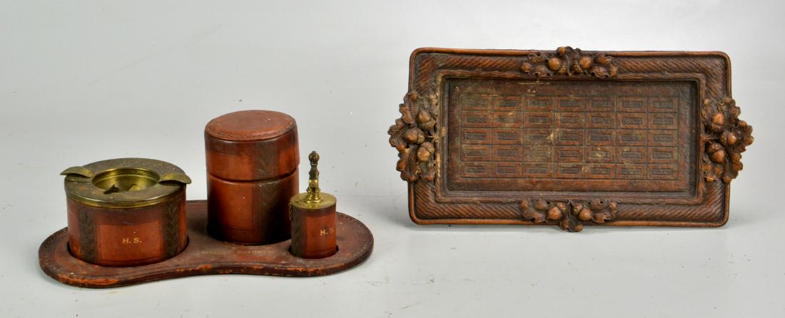 Leather Smoking Set and Syroco Tray: Leather Smoking Set with Cigarette Holder, Ashtray and Executive Table Lighter, Syroco Wood Tray Adorned with Acorns (Measures 13-1/4" l x 6-3/4" w)