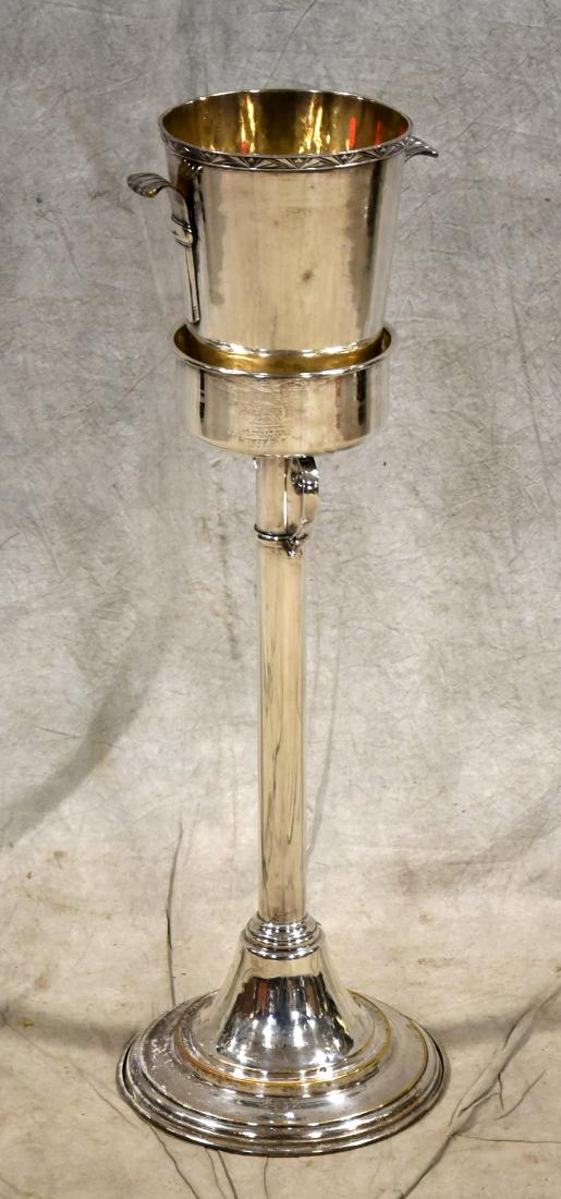 Chrome wine cooler w/ stand: Chrome wine cooler w/ stand, silverplate bucket with flared handles, scrolled decoration on stand, 36-1/2"h