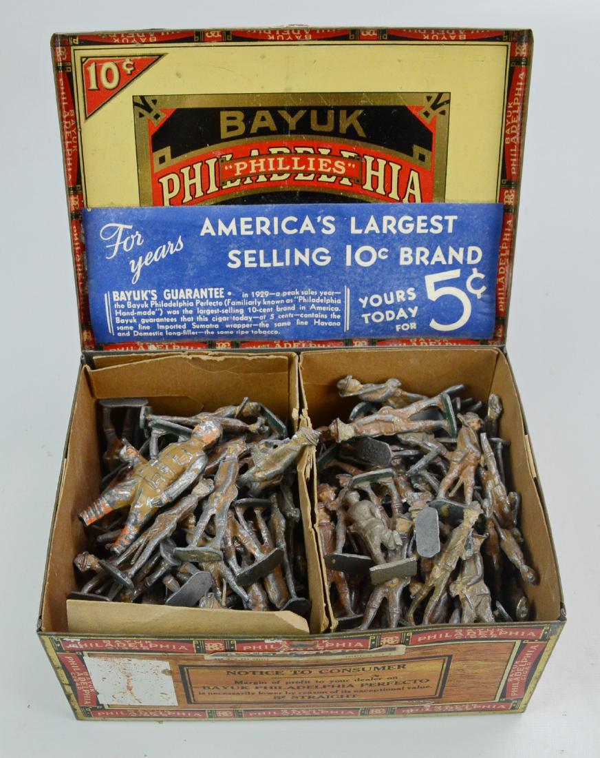 Large Lot of WWI Lead Soldiers: Large lot of WWI lead soldiers, remnants of original paint, in Philadelphia Phillies Perfecto tobacco tin
