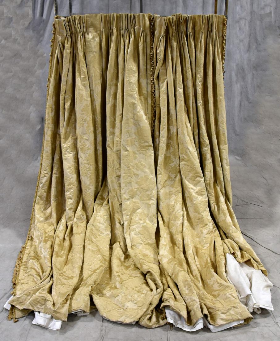 High Quality Silk Jacquard Curtains with Fringe and: (4) heavy gold and cream jacquard curtain panels 9.5 ft x 2.5 ft with tassel fringe ends, (6) domed and pleated valances and (6+) drape pieces. (1) of (4) full length panels is missing bottom, approx 
