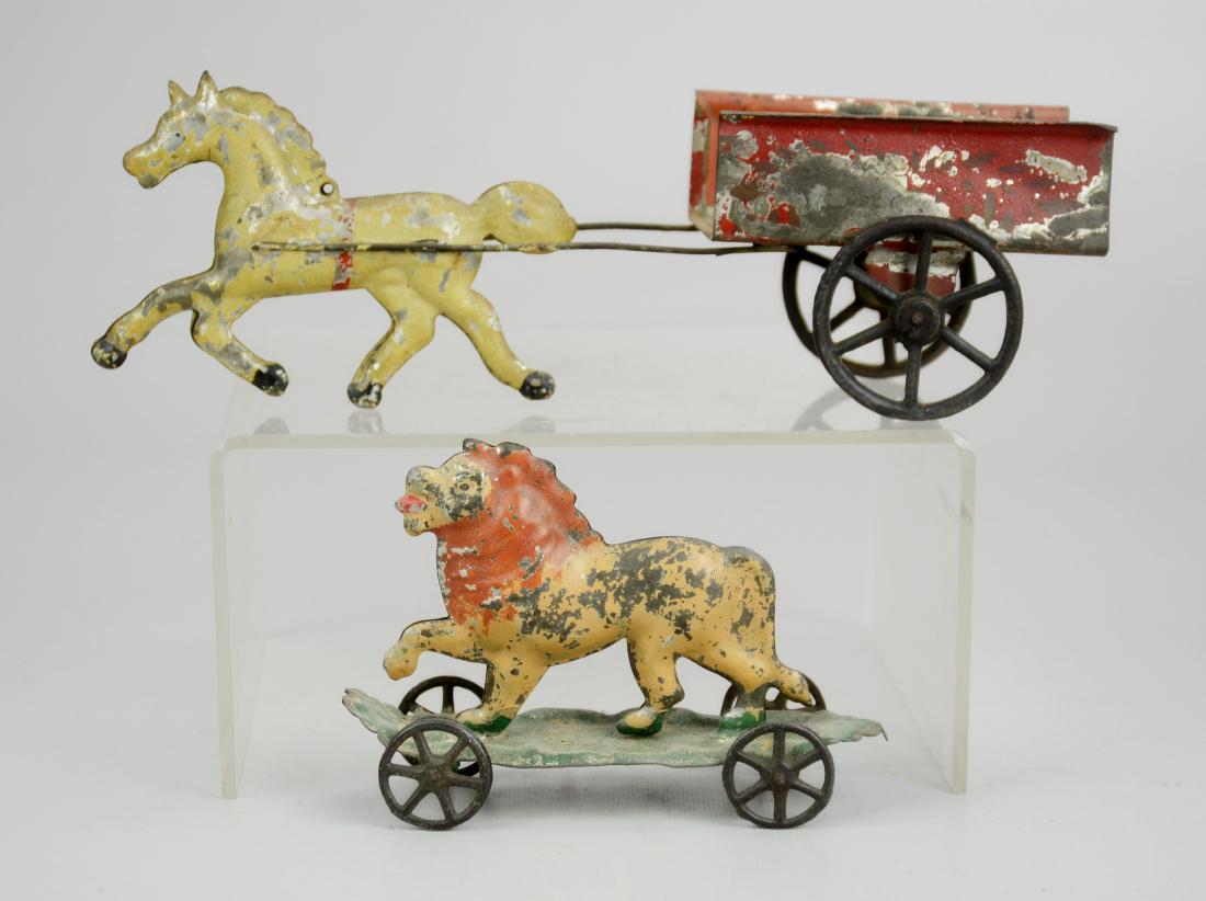 (2) Tin Toy Horse and Lion: Tin Platform Lion Toy, Tin Horse Pulling Wagon (8-1/2" l x 2-1/4" w x 2-1/2" h)