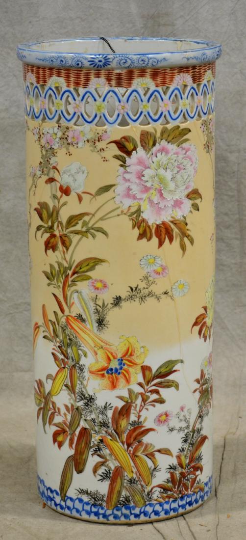 Japanese Porcelain Umbrella Jar: Japanese porcelain umbrella jar, reticulated rim, old repairs & hairline, 24" h