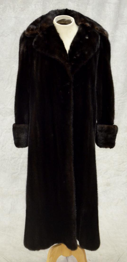 Mink Coat and Jacket: Vintage chestnut mink jacket by George Strain and Son, hook and eye closure with small collar. 36" shoulders, 40" bust, 27" from shoulder to hem. Lot also includes deep chocolate brown full length min