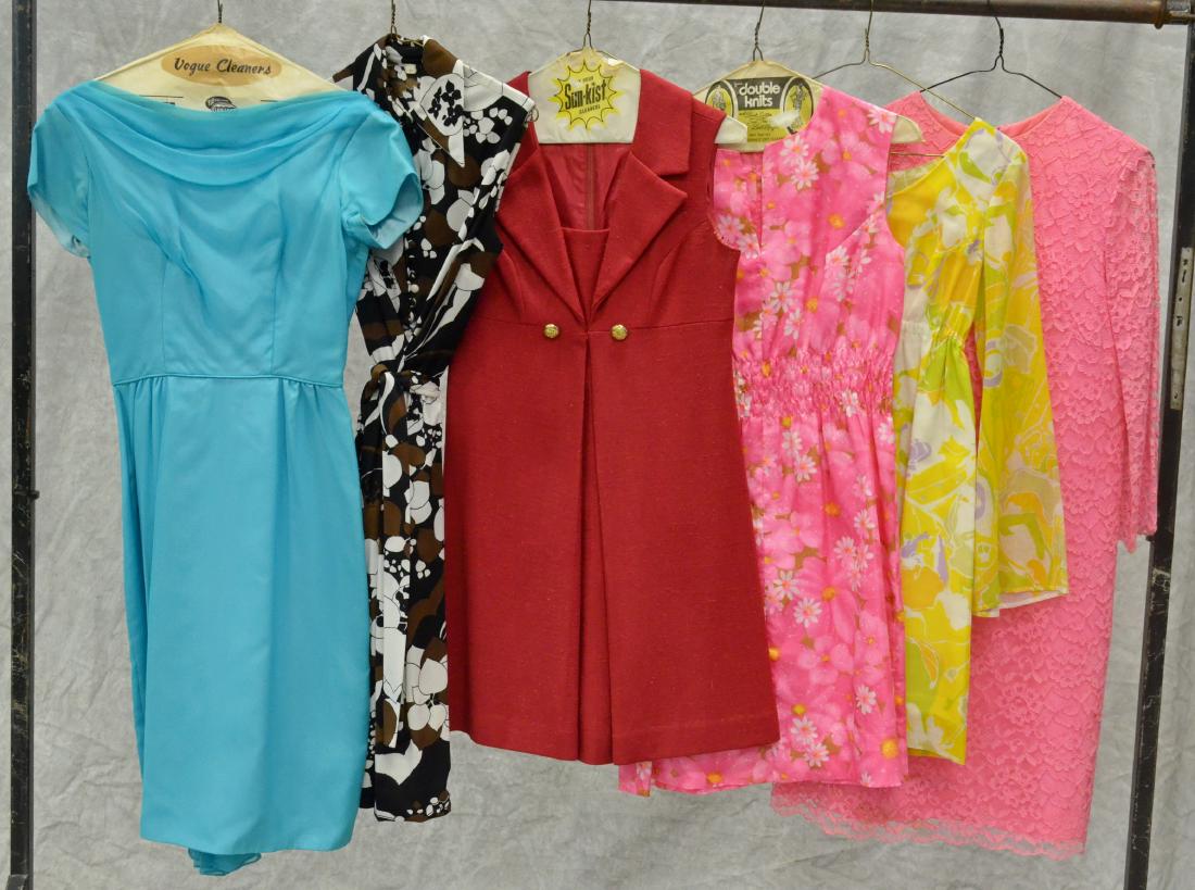 1950's and 60's Dress Grouping Including Peck and Peck: (6) Piece dress grouping to include 1960's Peck and Peck babydoll dress in abstract yellow floral print, sz 4, 60's handmade pink floral shift with ruched waist and chest darts, sz 6, 60's hot pink la