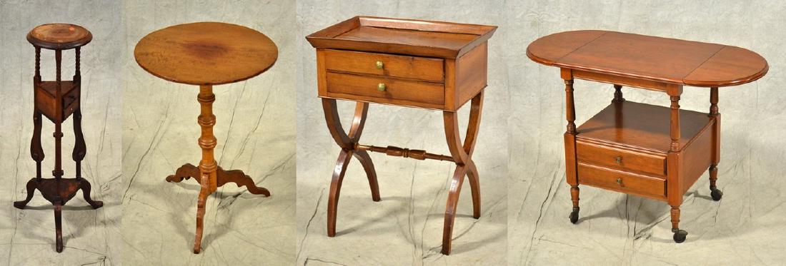 (4) 20th c occasional tables/stands: Regency style plant stand, with spiral legs and two drawers, Height 34", Width 10", Water wear to top, QA style candlestand, Walnut Classical lady’s sewing table, American, 19th c, Mahogany dropleaf