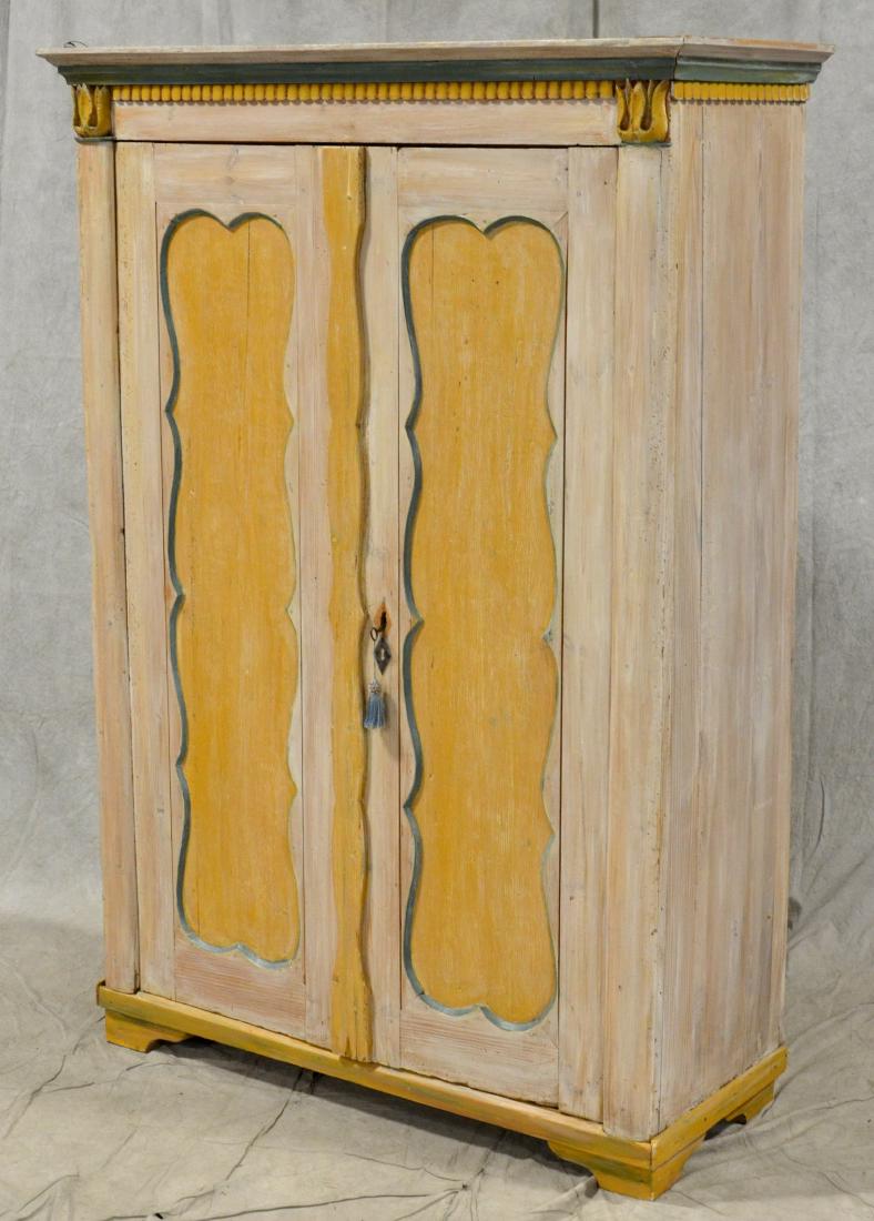 Painted and scrubbed pine linen press: Painted and scrubbed pine linen press, with two panel doors, Height 70", width 48", depth 20"