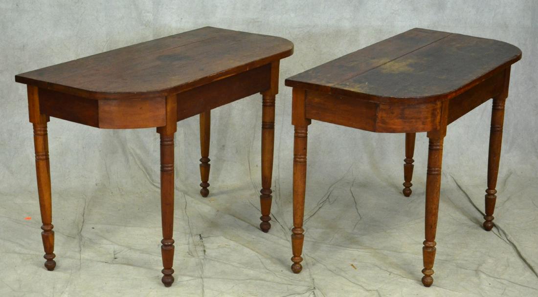 Pair Cherry Sheraton D-shaped console tables, circa: Pair Cherry Sheraton D-shaped console tables, circa 1820, 42" w x 29" h x 20-3/4" d