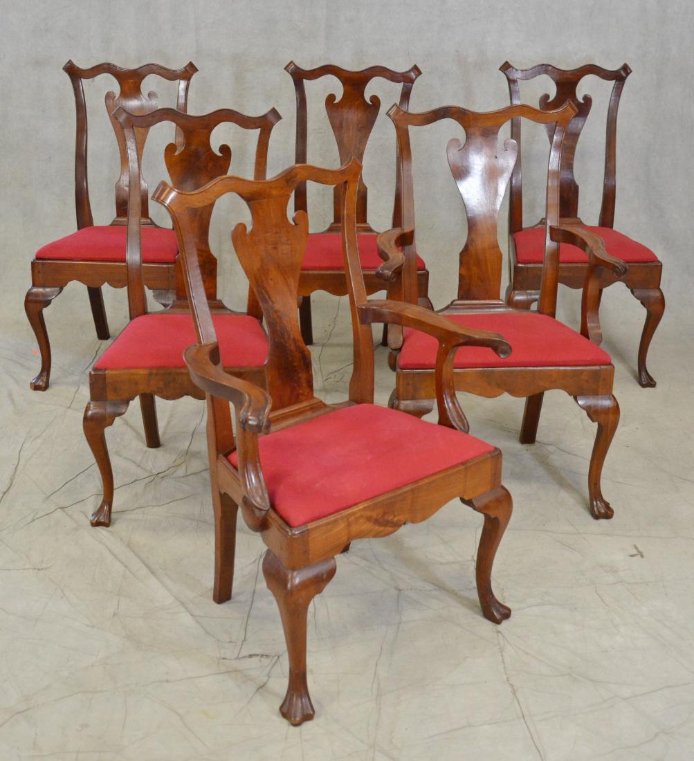 (6) Handmade Queen Anne style dining room chairs: (6) Handmade Queen Anne style dining room chairs, cupids bow crest rail over a shaped splat, with cabriole legs with trifid feet, mortise through, made by HW Turner, Bridgeton, two arms, 40" h, 1951, 