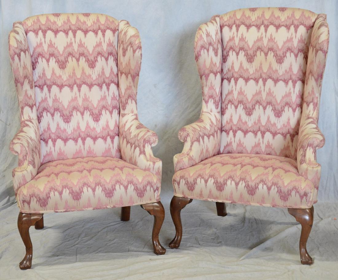 Pair Walnut Queen Anne style wing chairs: Pair Walnut Queen Anne style wing chairs, cabriole legs on a trifid feet, probably made by HW Turner, Bridgeton, 48" h, seat height 17-1/2" h