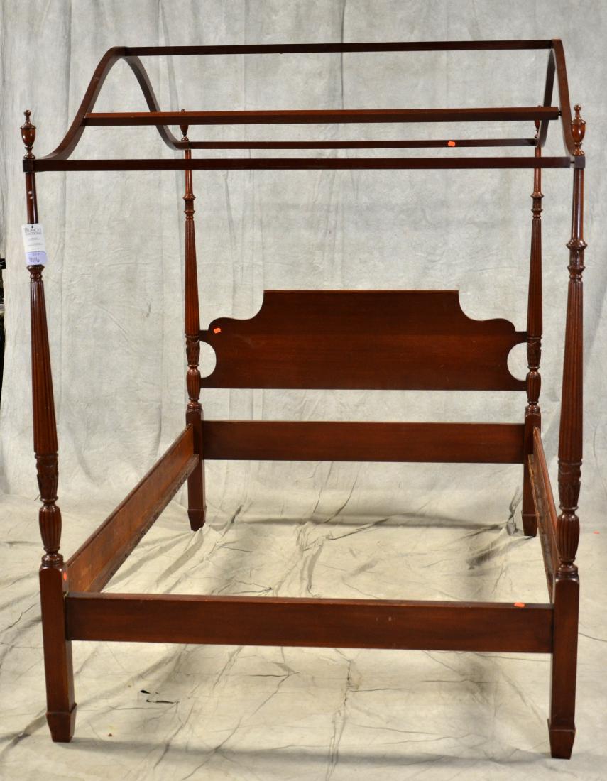 Mahogany Sheraton style double 4 post bed: Mahogany Sheraton style double 4 post bed, urn form finials over reeded posts, scalloped headboard, 66-1/2" h x 57" w