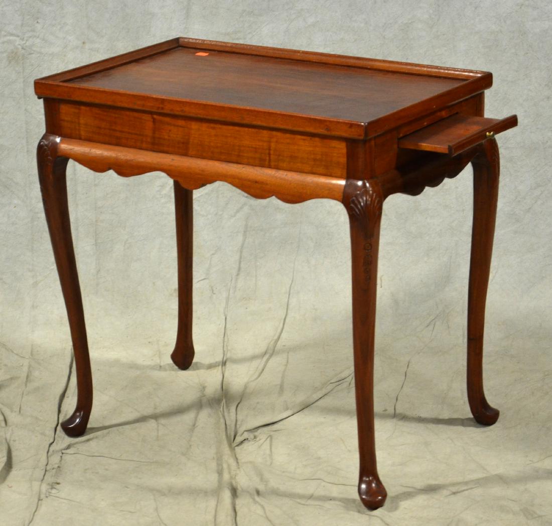 Mahogany Queen Anne style tea table: Mahogany Queen Anne style tea table, pull out slides, scalloped skirt, shell decoration over knees, made by HW Turner, Bridgeton, 28-1/2" h x 30-1/4" w
