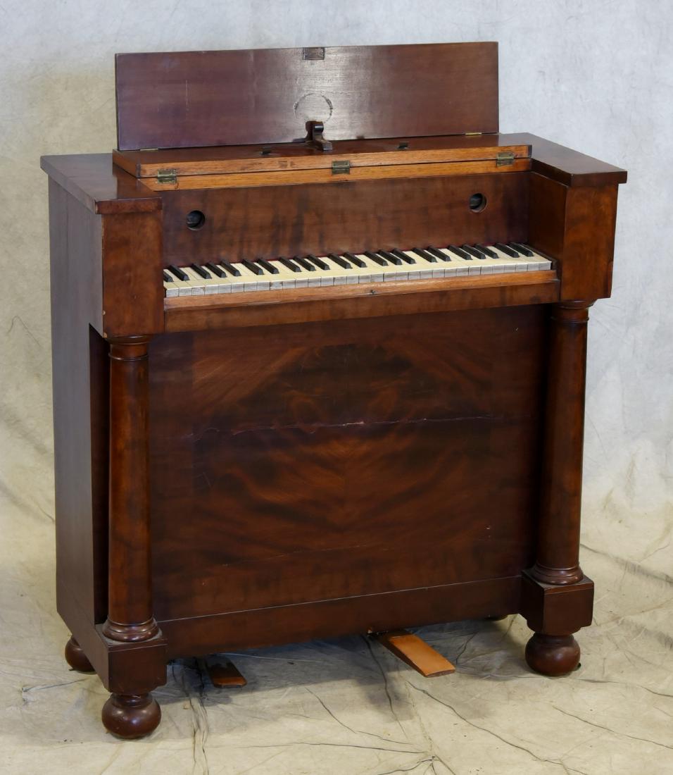 Mahogany Federal pump organ: Mahogany Federal pump organ, 53 keys, working condition, solid end case with free standing columns at each end, circa 1820, 36" w x 15" d x 37-1/2" h, not available to sell to NJ, CA, NY